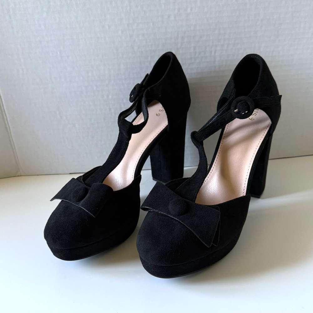 Allegra K Mary Jane Platform Pumps Chunky Heel Dress Shoes Bow Detail Size 9 NEW